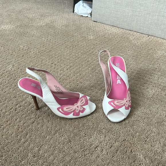 White and pink butterfly leather vintage open toe sling back 4 inch heels size 7 - Picture 1 of 5